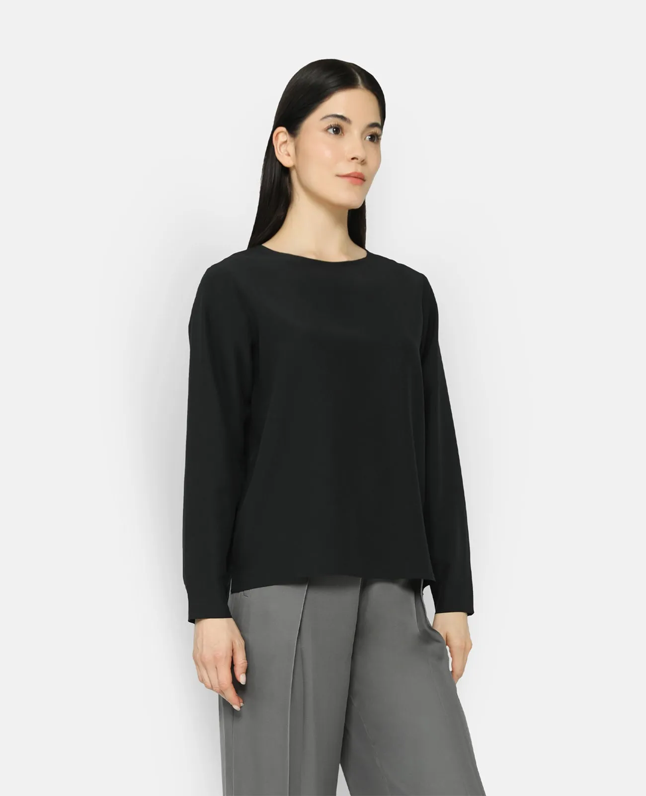 Silk Long Sleeve Crew Neck Blouse