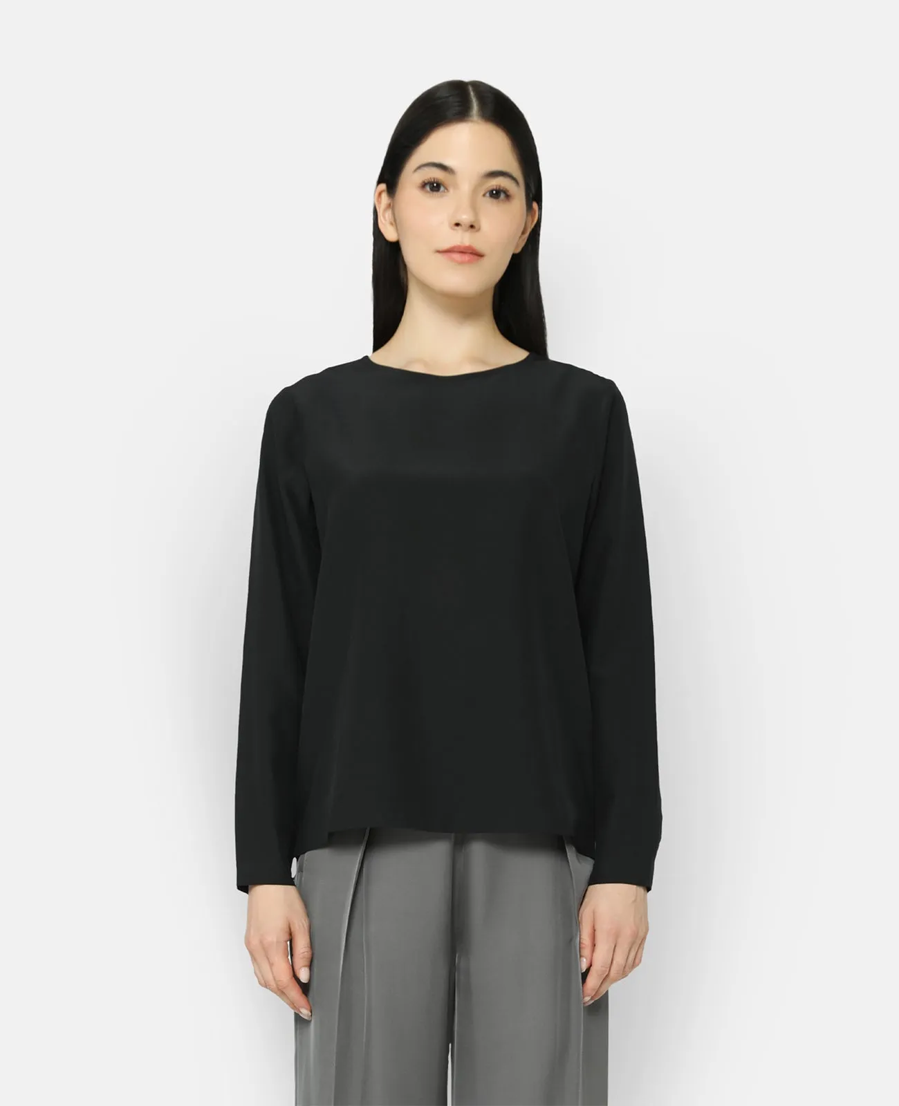 Silk Long Sleeve Crew Neck Blouse