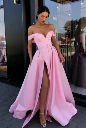 Simple pink off shoulder satin long prom dress pink evening dress