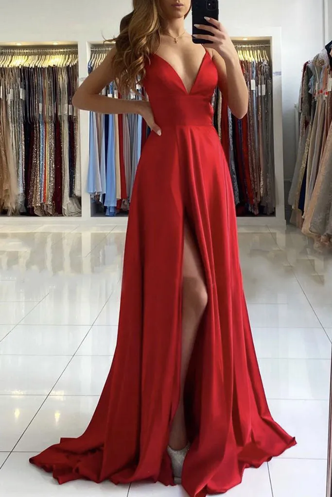 Simple red v neck satin long prom dress red evening dress