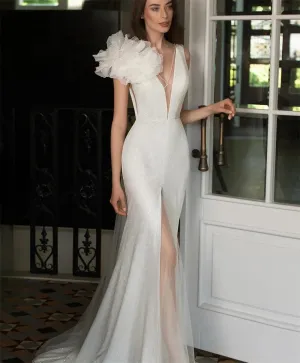 Simple V-neck Mermaid Wedding Dresses Party Beading Flower Net/Tulle