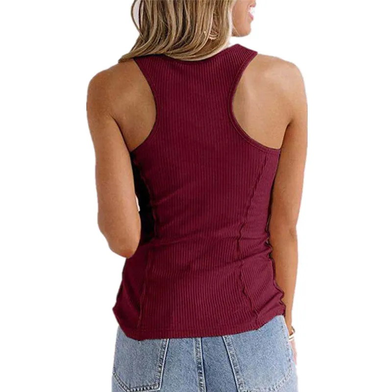 Solid Color Button Sleeveless Tank Top T Shirt Women