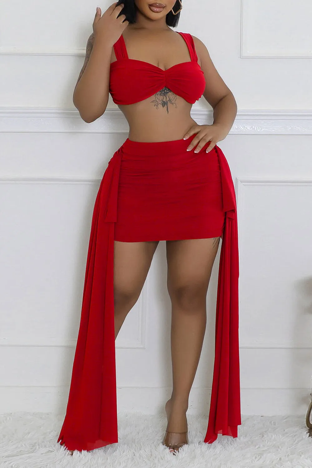 Solid Color Crop Cami Side Streamer Ruched Fitted Mini Skirt 2pcs Set-Red
