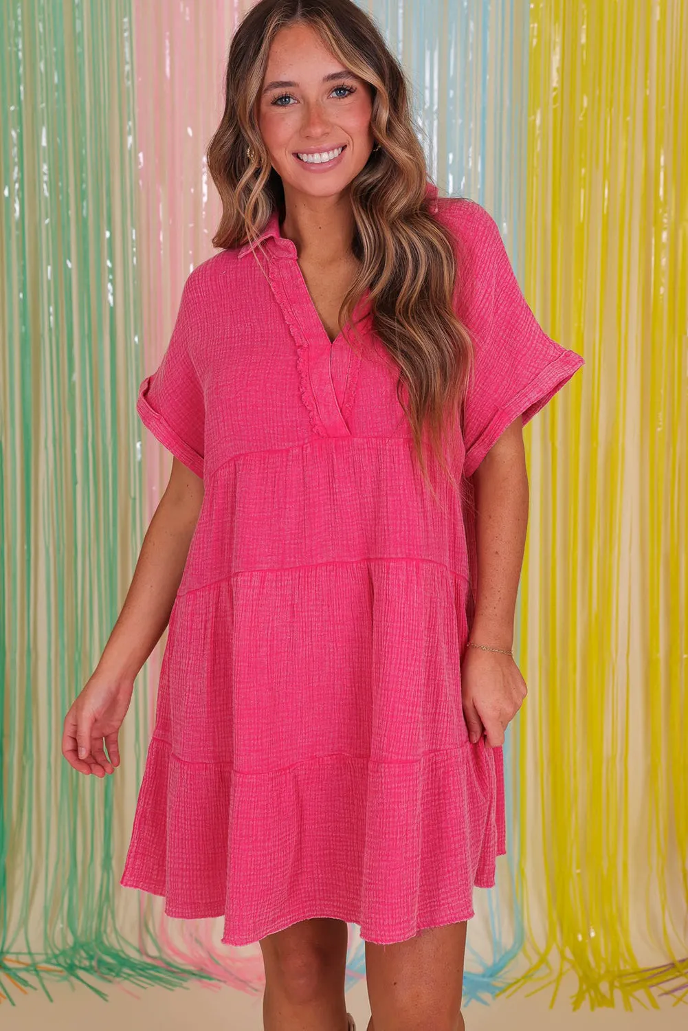 Strawberry Pink Mineral Wash Crinkle Split Neck Raw Hem Tiered Dress