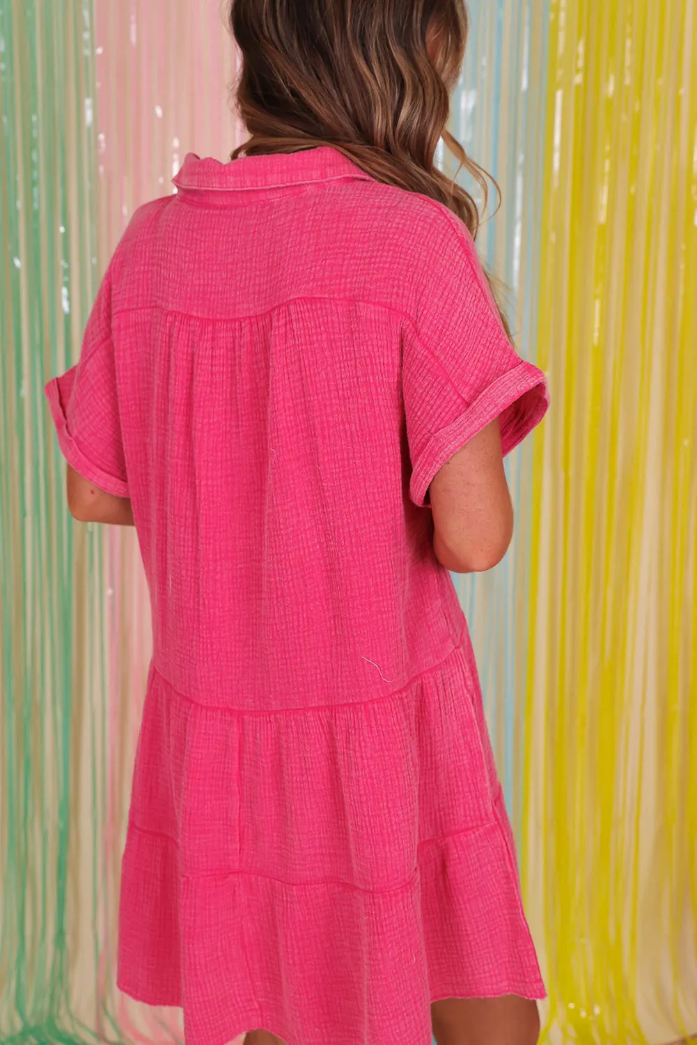 Strawberry Pink Mineral Wash Crinkle Split Neck Raw Hem Tiered Dress