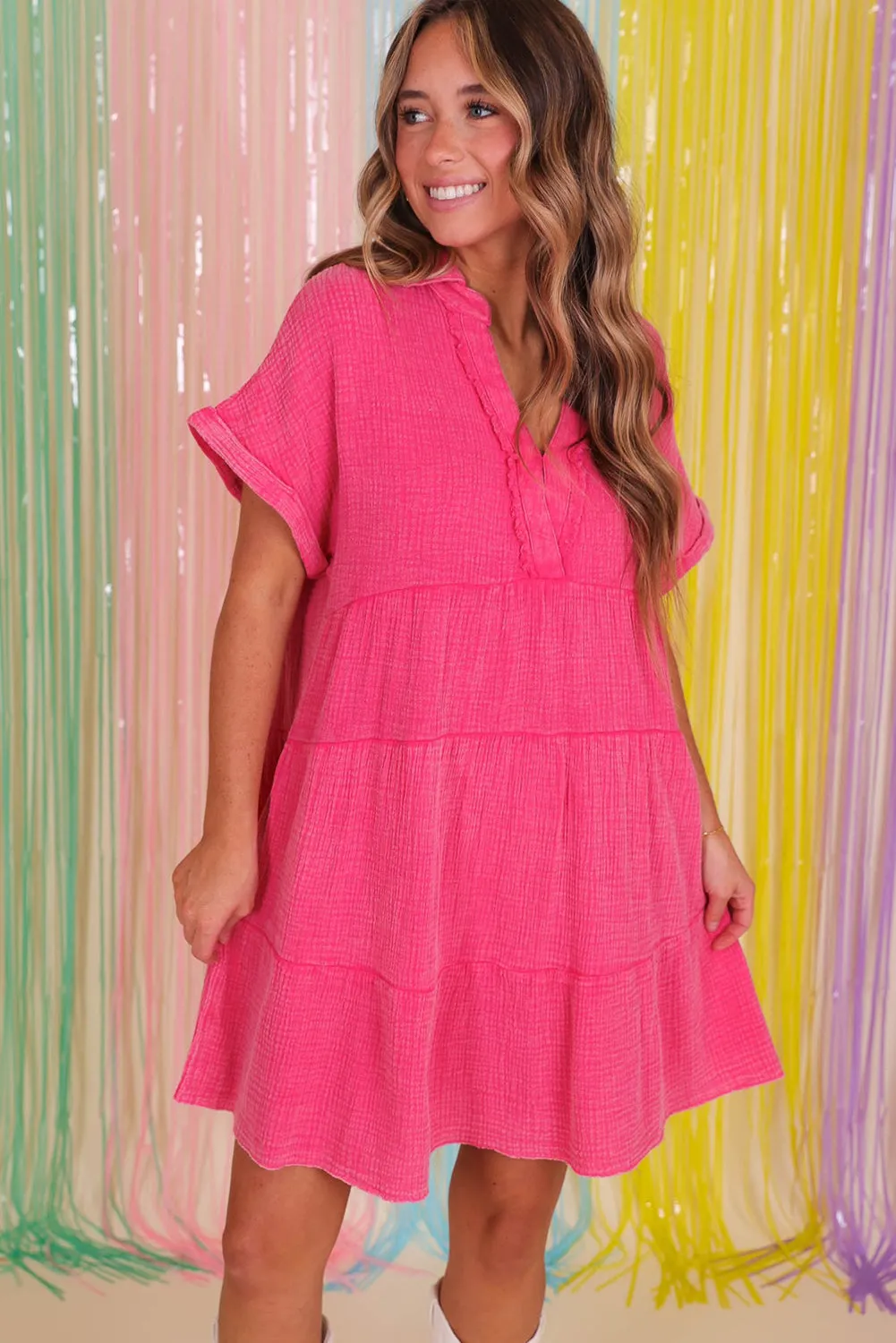 Strawberry Pink Mineral Wash Crinkle Split Neck Raw Hem Tiered Dress