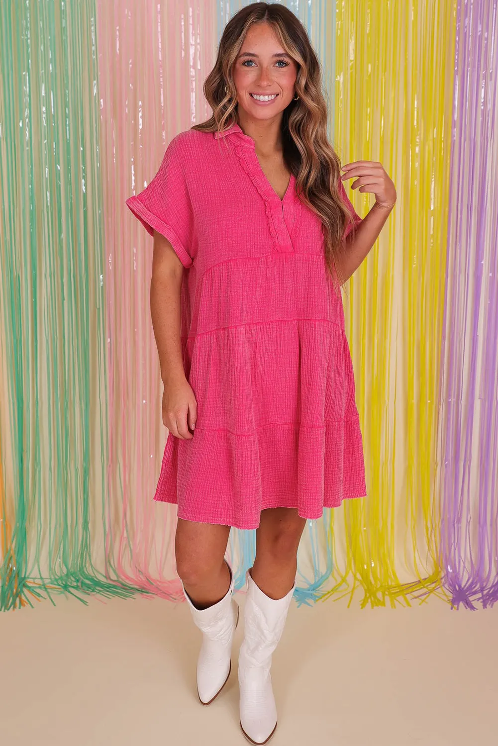 Strawberry Pink Mineral Wash Crinkle Split Neck Raw Hem Tiered Dress