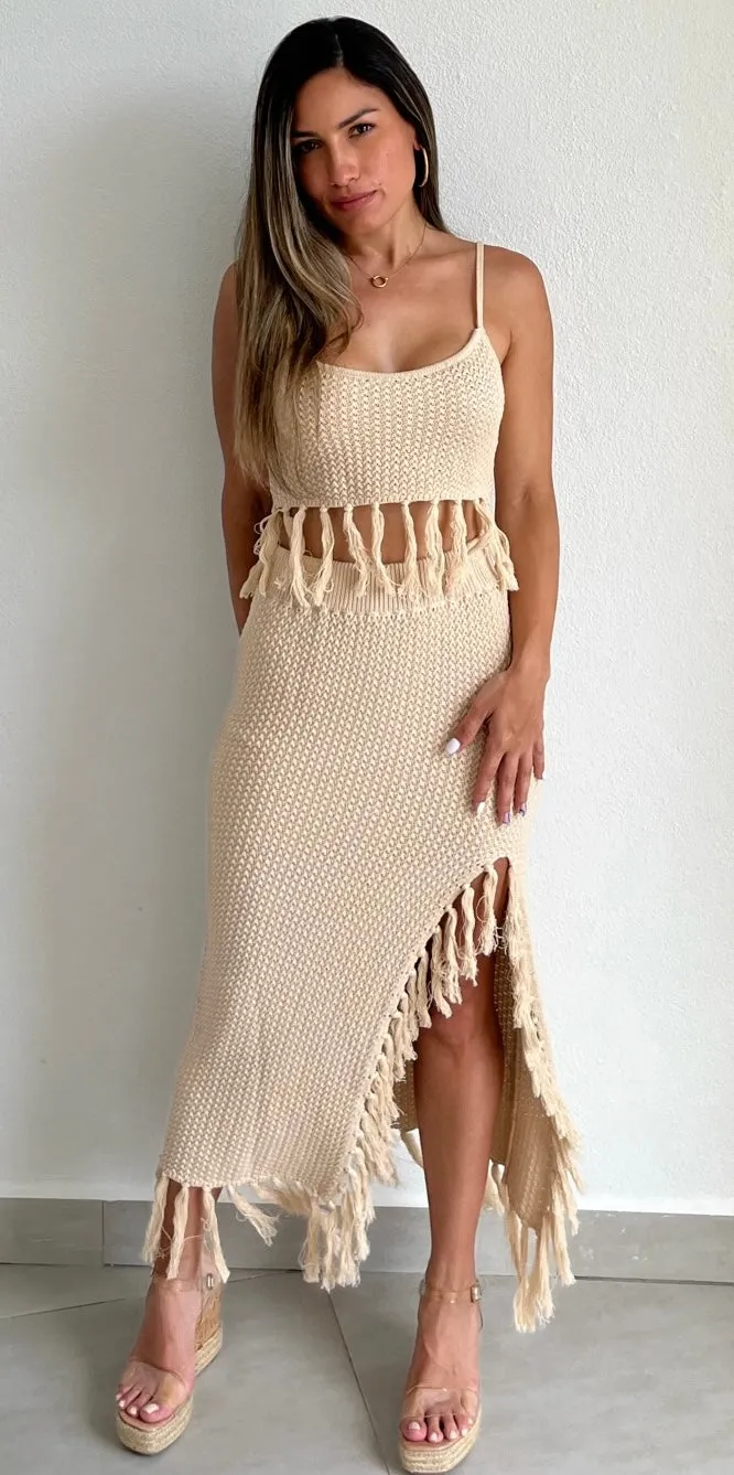 Summer Muse Beige Crochet Two-Piece Set