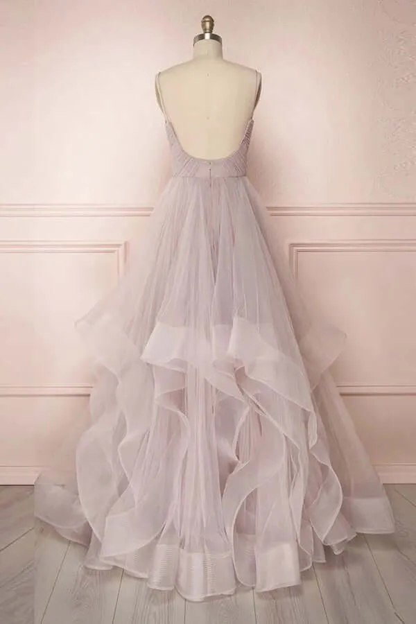 Tulle A-line Spaghetti Straps Pleated Long Prom Dresses, Evening Gown, SP731