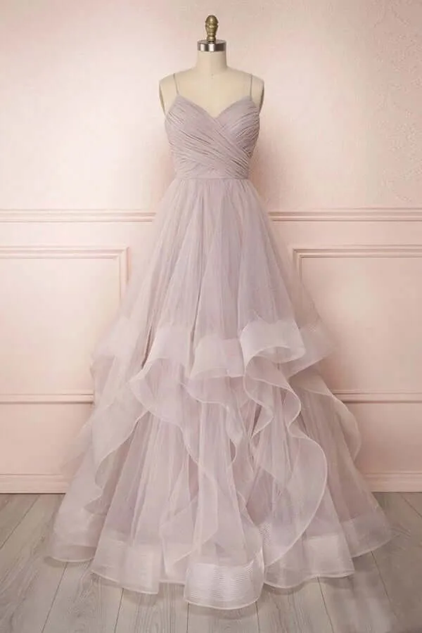 Tulle A-line Spaghetti Straps Pleated Long Prom Dresses, Evening Gown, SP731