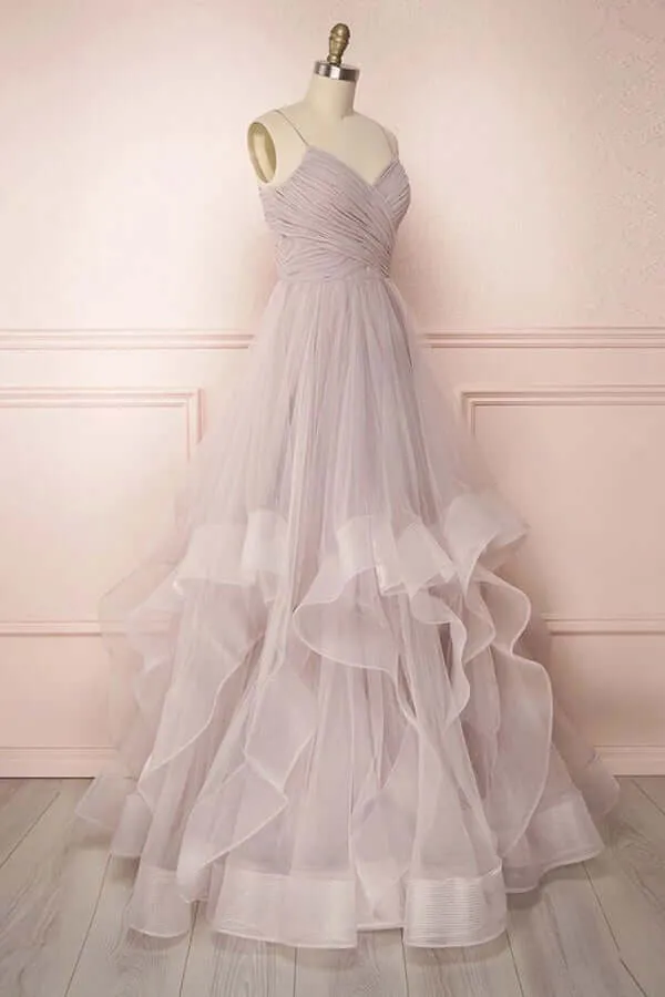 Tulle A-line Spaghetti Straps Pleated Long Prom Dresses, Evening Gown, SP731