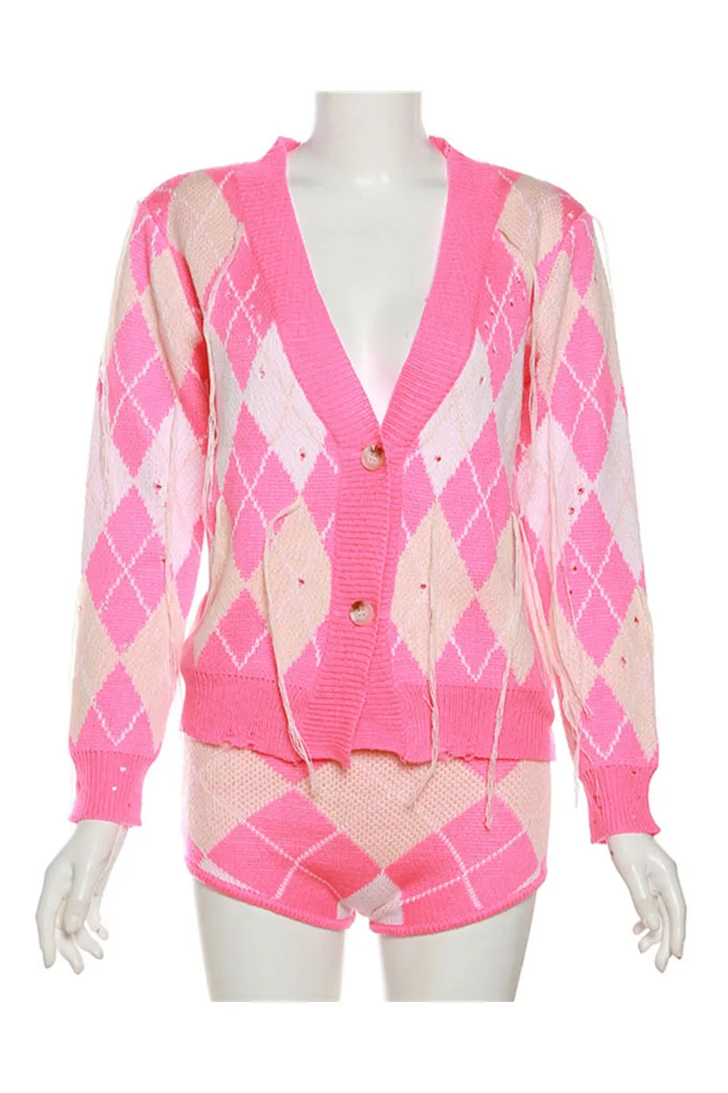 UG0222 Plaid Knitted Shirt and Shorts Set