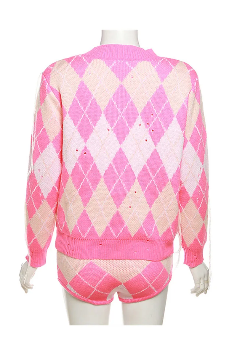 UG0222 Plaid Knitted Shirt and Shorts Set