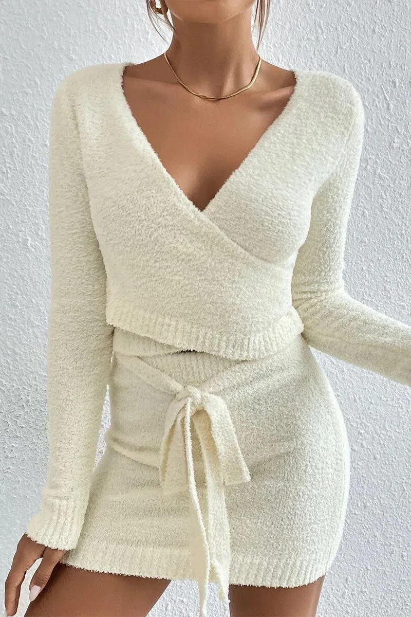 UJ0345 Furry Knitted Skirt Set