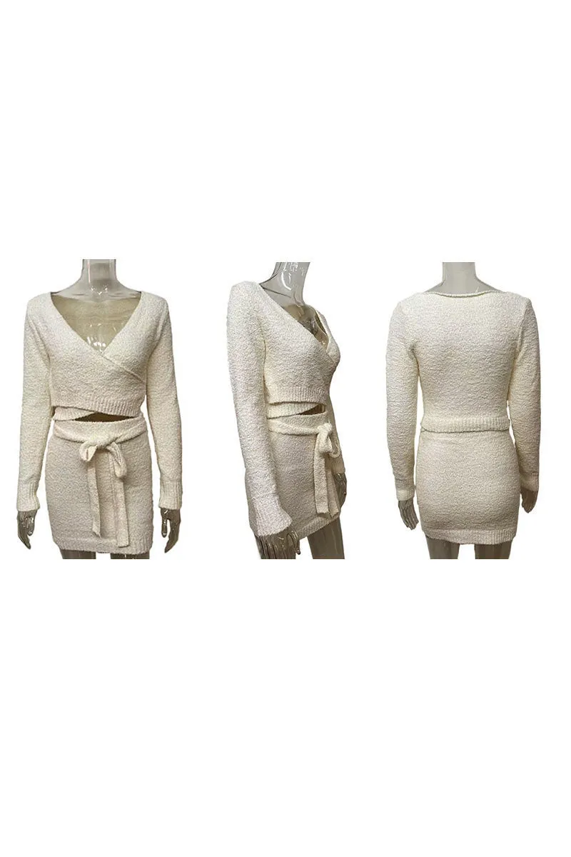 UJ0345 Furry Knitted Skirt Set