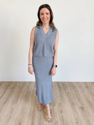 V-Neck Knit Vest & Fitted Skirt Set in Dusty Blue