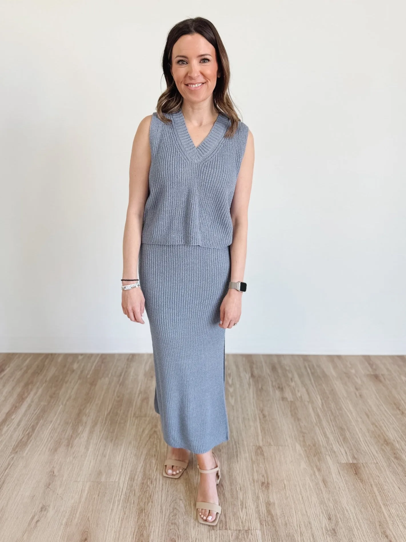 V-Neck Knit Vest & Fitted Skirt Set in Dusty Blue