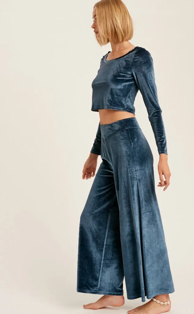 VELET WIDE NECK CROP TOP AND WIDE LEG PANTS SET-Vintage Blue