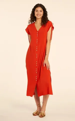 Vestido Midi Con Fruncido Rojo