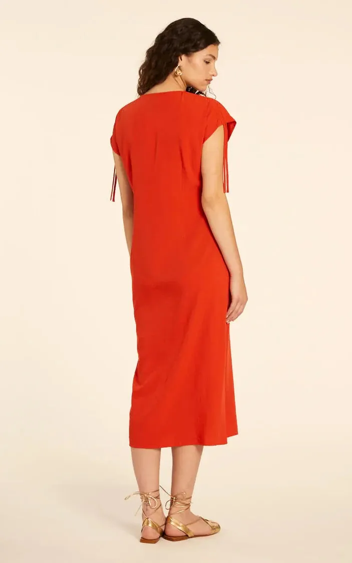Vestido Midi Con Fruncido Rojo