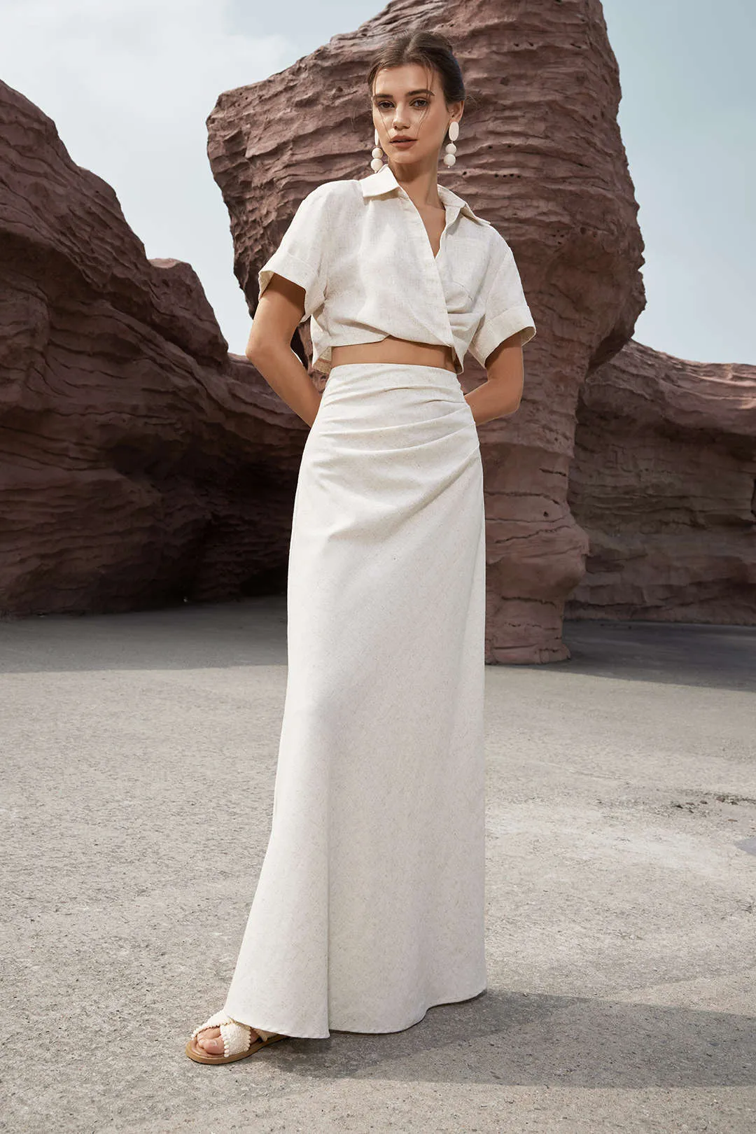 Victoria - Elegant Cross Detail Woman's Linen Crop Shirt
