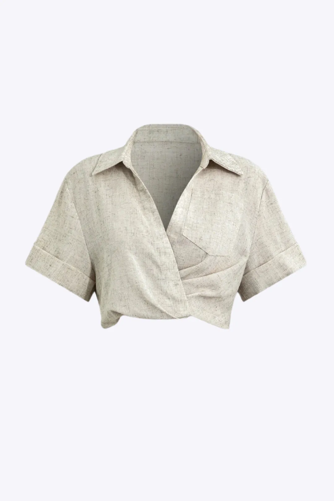 Victoria - Elegant Cross Detail Woman's Linen Crop Shirt
