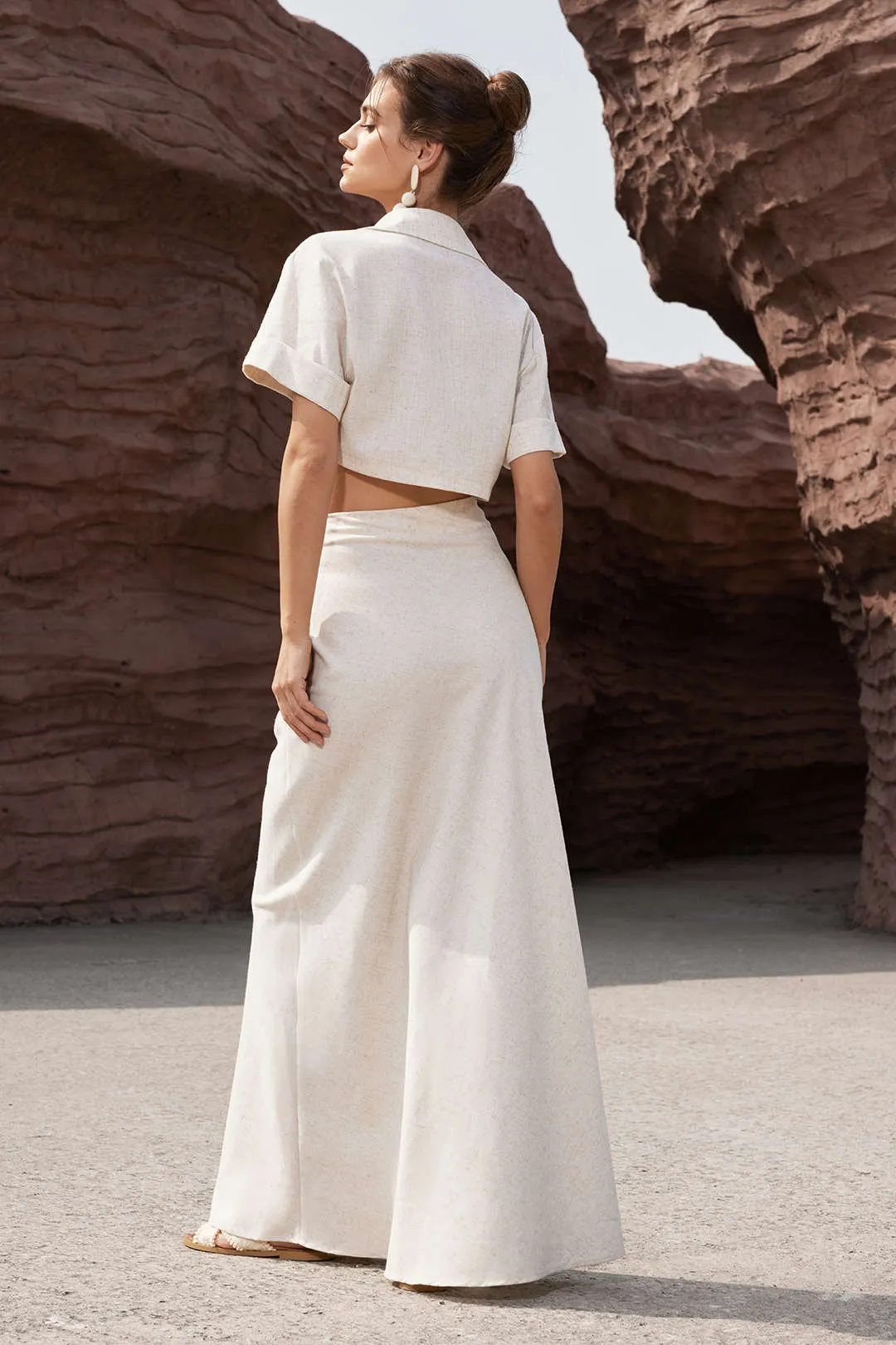 Victoria - Elegant Cross Detail Woman's Linen Crop Shirt