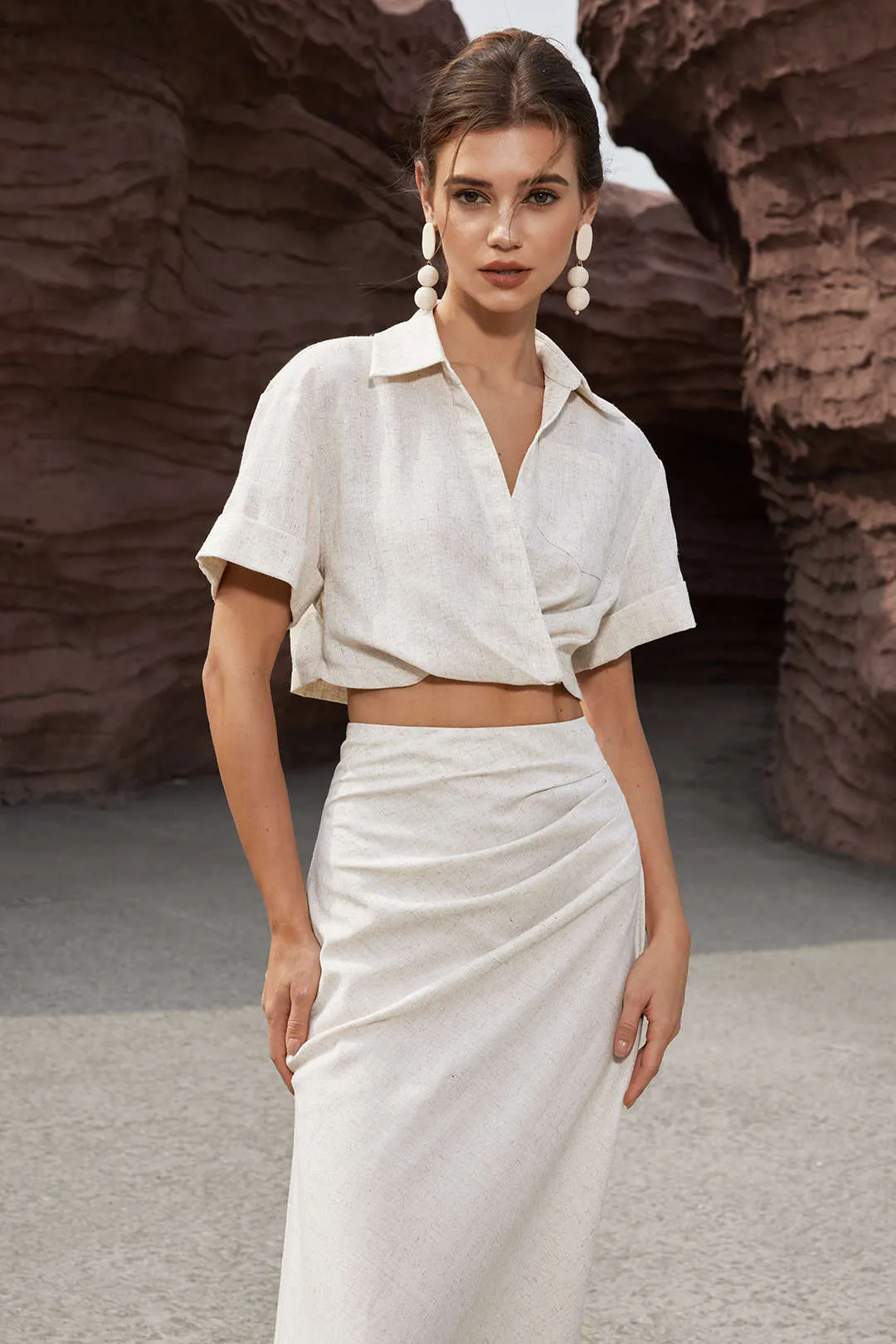 Victoria - Elegant Cross Detail Woman's Linen Crop Shirt