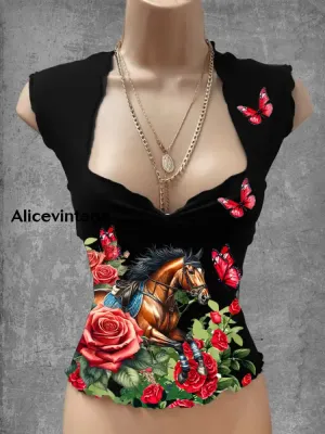 Vintage Derby Art Print V-Neck Casual Top