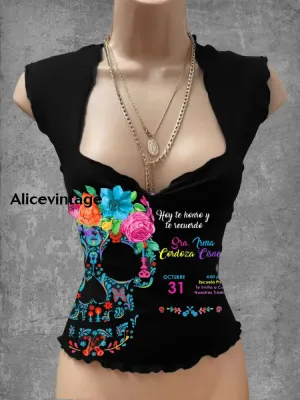 Vintage Mexican Floral Art Print V-Neck Casual Top