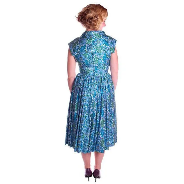 Vintage Sun Dress Polished Cotton Blue/Green Print 1950s M 35-26-Free