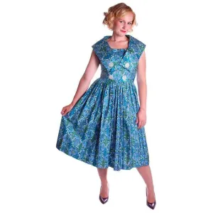 Vintage Sun Dress Polished Cotton Blue/Green Print 1950s M 35-26-Free