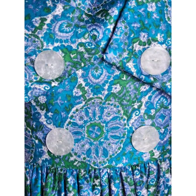 Vintage Sun Dress Polished Cotton Blue/Green Print 1950s M 35-26-Free