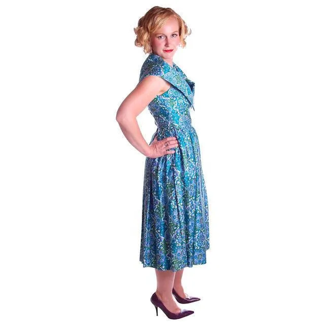 Vintage Sun Dress Polished Cotton Blue/Green Print 1950s M 35-26-Free