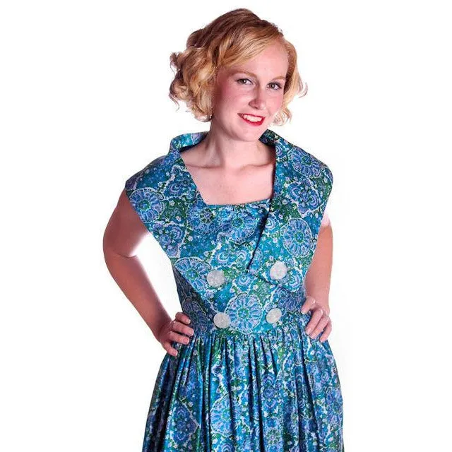 Vintage Sun Dress Polished Cotton Blue/Green Print 1950s M 35-26-Free