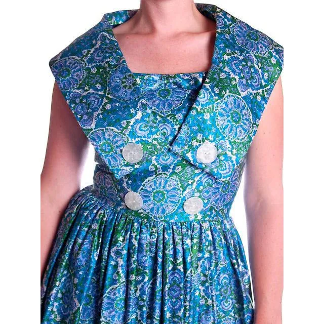 Vintage Sun Dress Polished Cotton Blue/Green Print 1950s M 35-26-Free