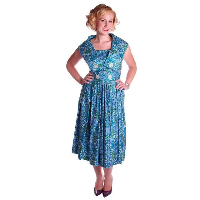 Vintage Sun Dress Polished Cotton Blue/Green Print 1950s M 35-26-Free