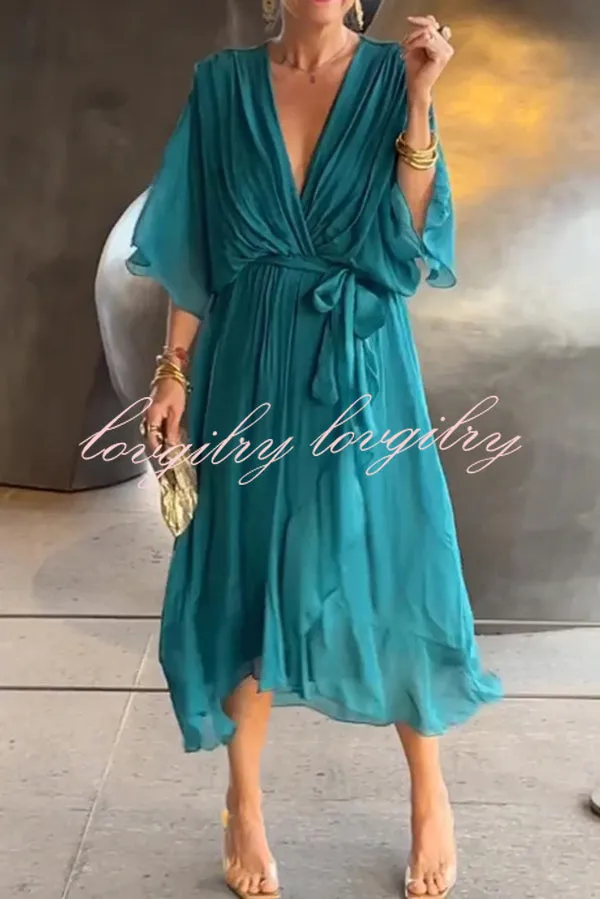 VIVIAN – ELEGANT V-NECK BAT SLEEVE MIDI DRESS 💙✨