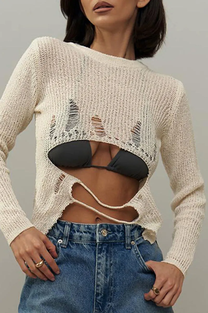 WG0368 Sheer Knitted Roundneck Sweater