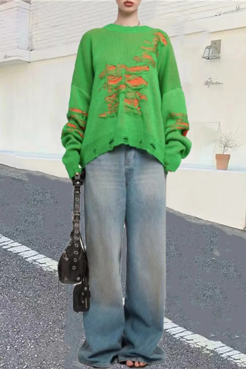 WH0489 Ripped Oversized Sweater