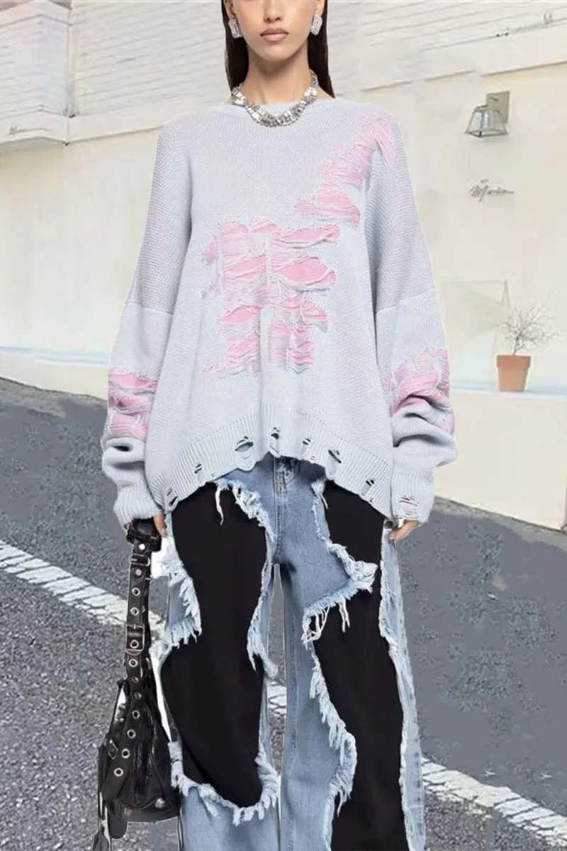 WH0489 Ripped Oversized Sweater