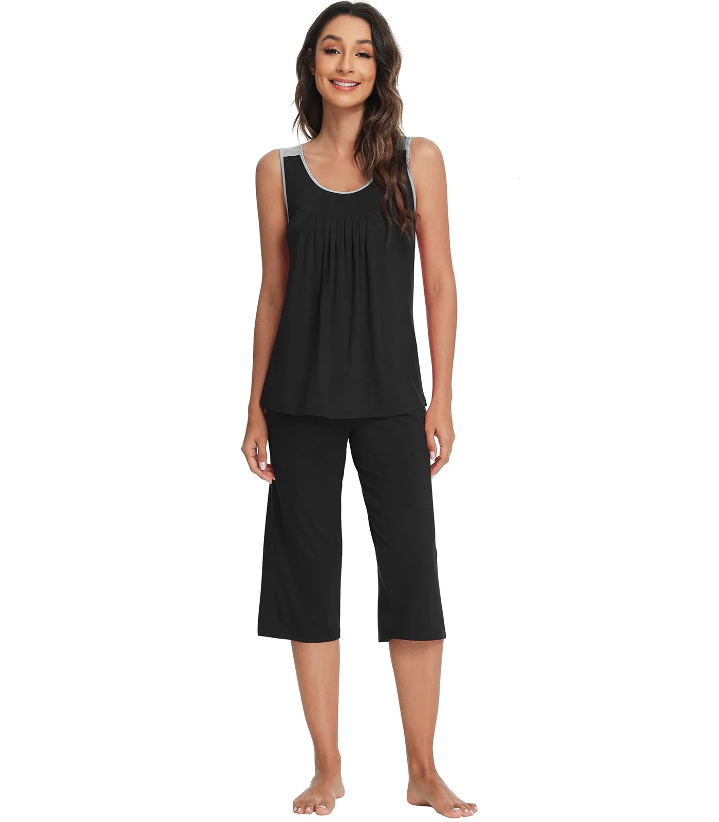 WiWi Bamboo Capri Pants with Pleated Tank Top Pj Sets