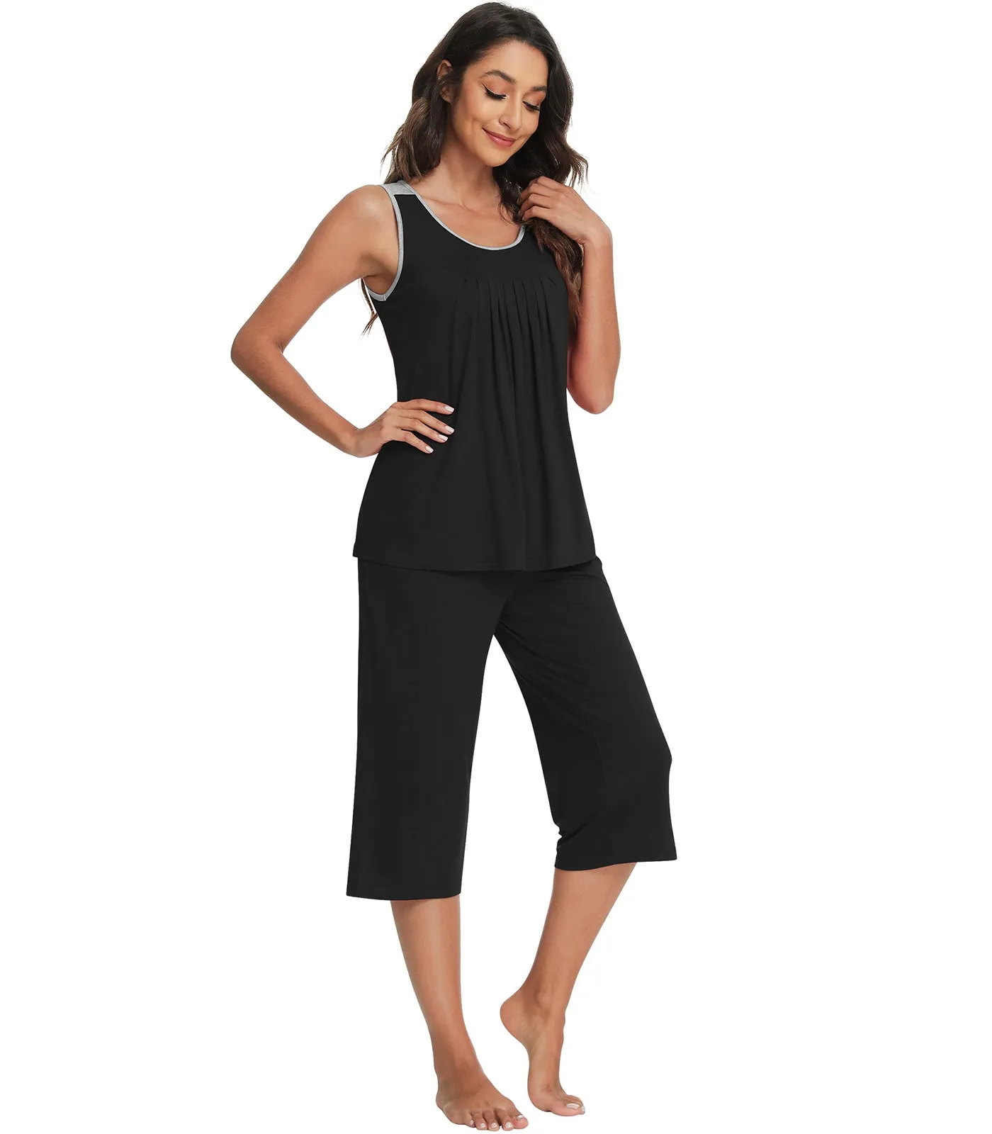WiWi Bamboo Capri Pants with Pleated Tank Top Pj Sets