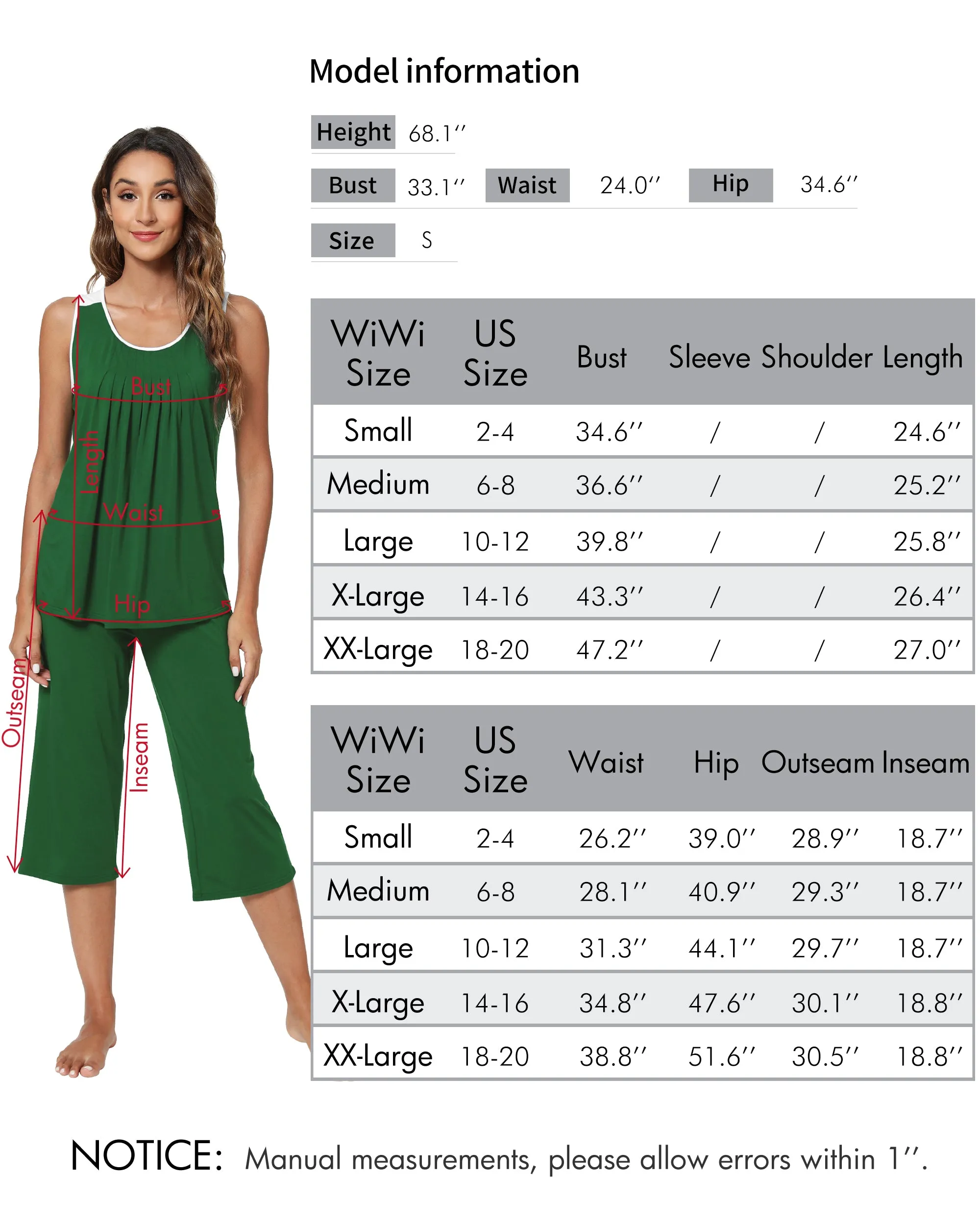 WiWi Bamboo Capri Pants with Pleated Tank Top Pj Sets
