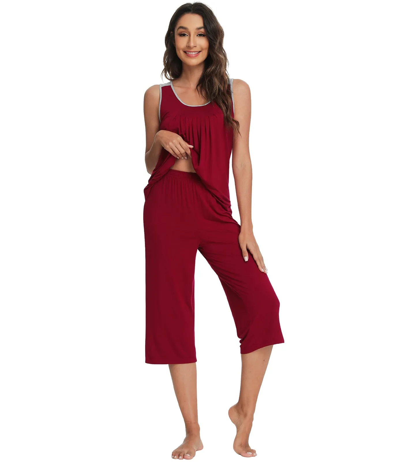 WiWi Bamboo Capri Pants with Pleated Tank Top Pj Sets