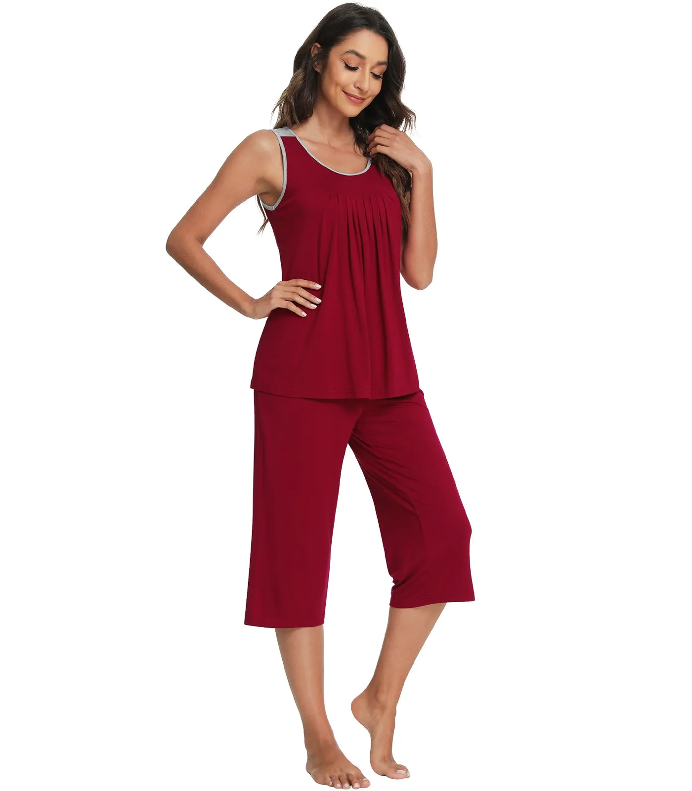 WiWi Bamboo Capri Pants with Pleated Tank Top Pj Sets