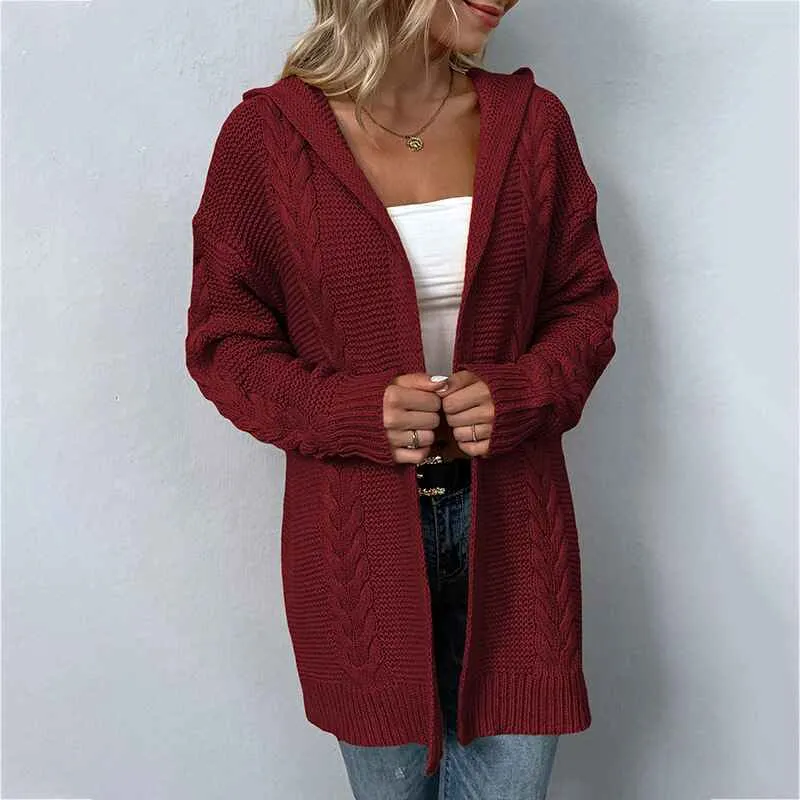Women Hooded Open Front Cardigan Cable Knit Sweaters Solid Color Chunky Long Sweater Coats K254