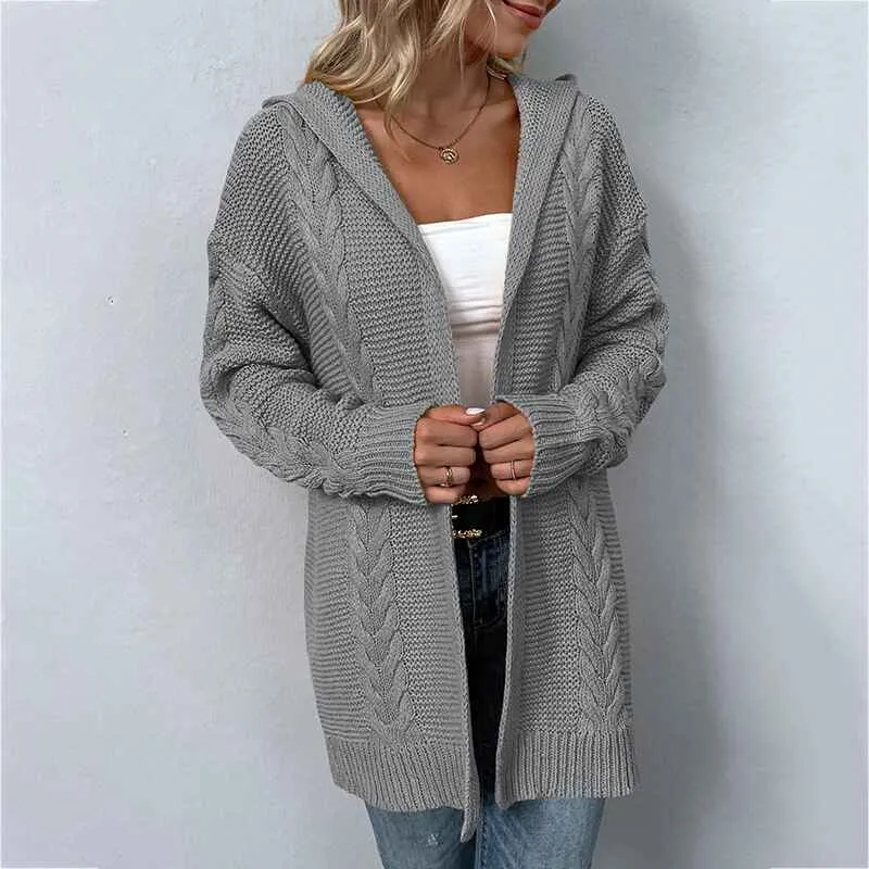 Women Hooded Open Front Cardigan Cable Knit Sweaters Solid Color Chunky Long Sweater Coats K254