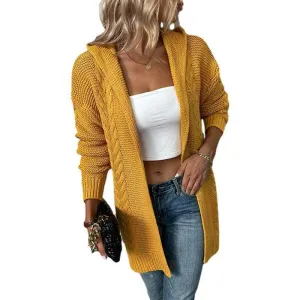 Women Hooded Open Front Cardigan Cable Knit Sweaters Solid Color Chunky Long Sweater Coats K254