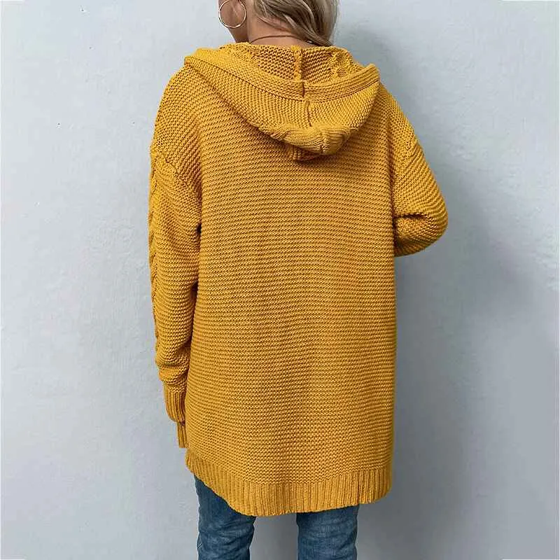 Women Hooded Open Front Cardigan Cable Knit Sweaters Solid Color Chunky Long Sweater Coats K254